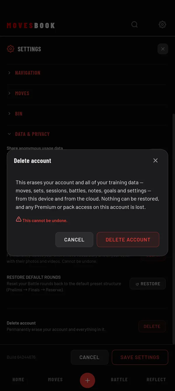 The Delete account window: what is erased, This cannot be undone, CANCEL and DELETE ACCOUNT