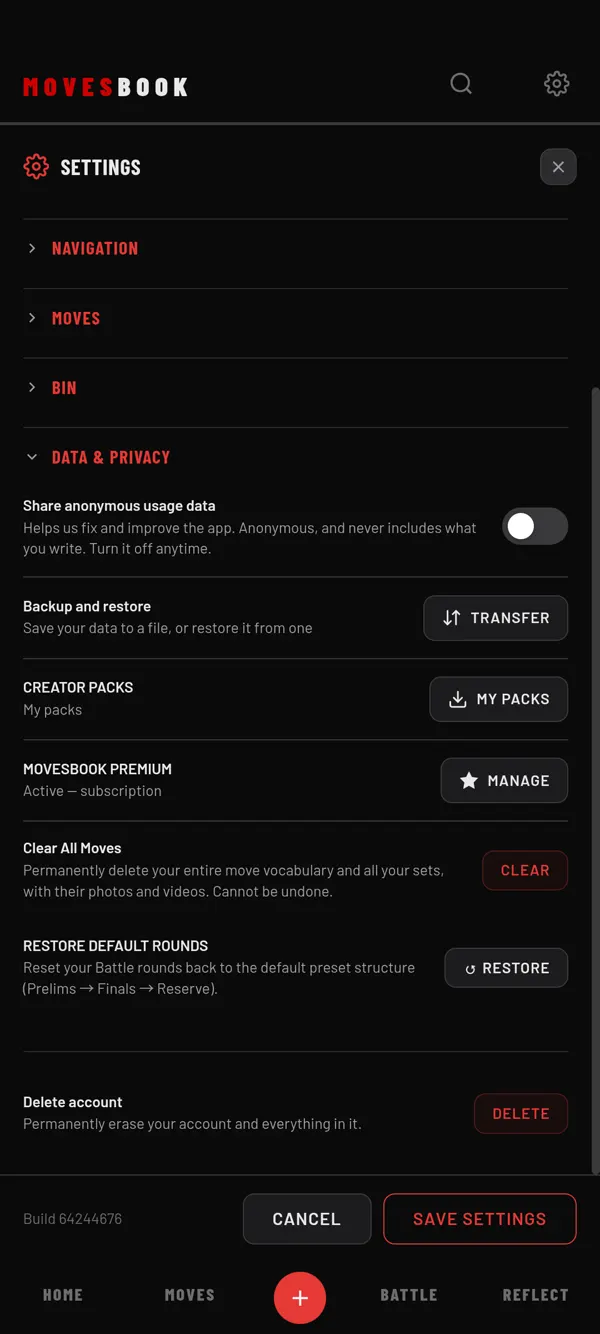 Settings › DATA & PRIVACY with the Share anonymous usage data switch at the top