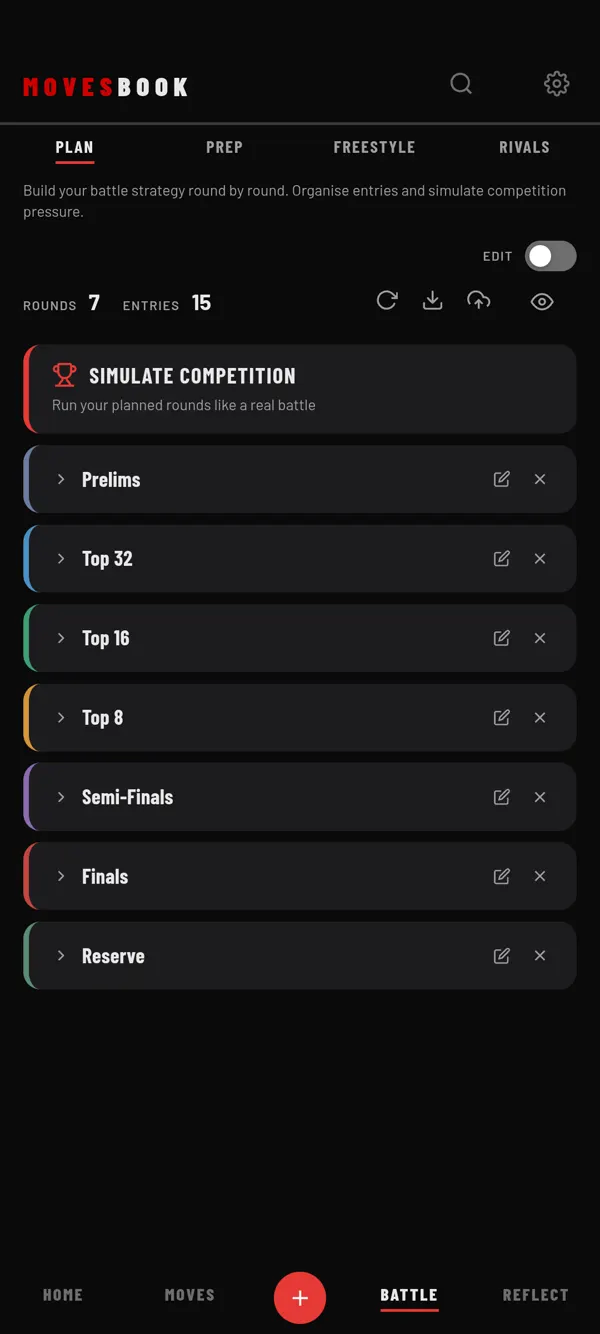 BATTLE › PLAN: your rounds from Prelims to Finals, the ROUNDS and ENTRIES count, and SIMULATE COMPETITION