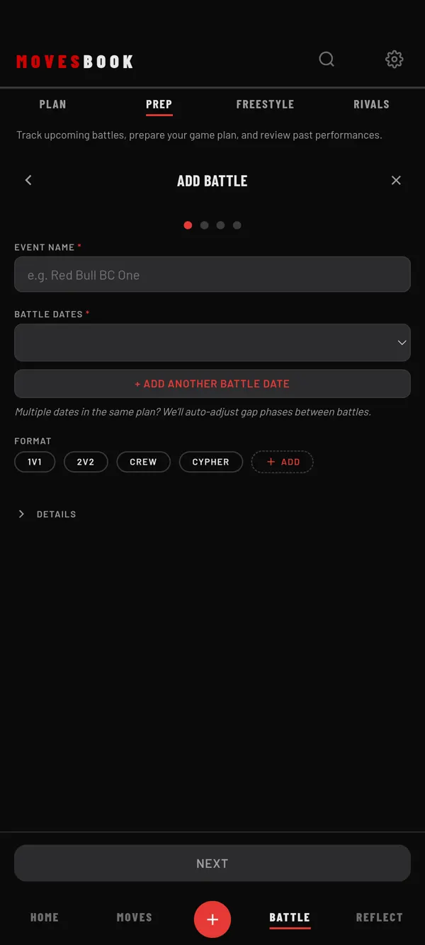 New plan, step 1 (Add battle): the event name, its date and the format, then NEXT