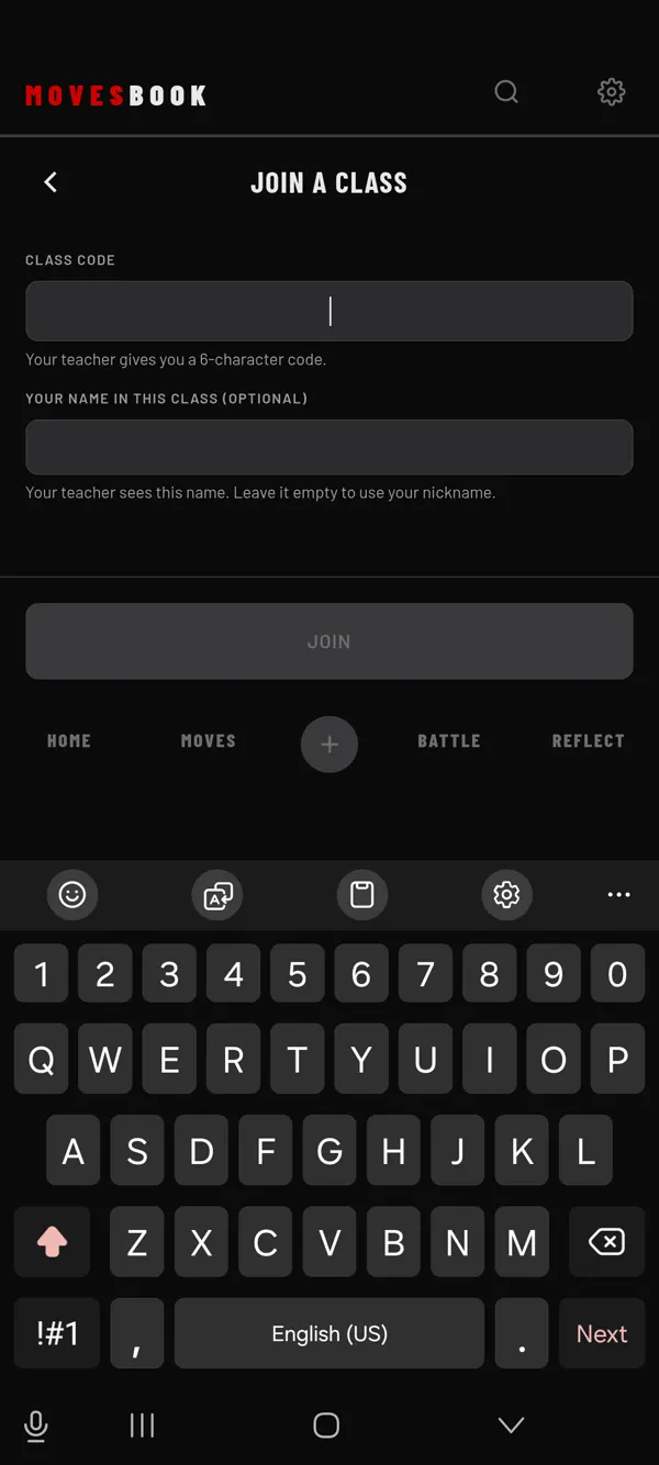 Join a class: type the 6-character class code from your teacher, then JOIN