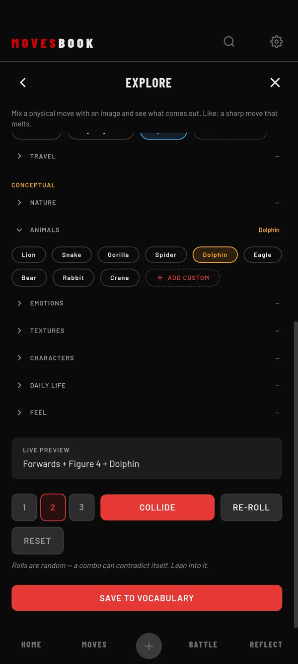EXPLORE in COLLIDE mode: a drawn idea in LIVE PREVIEW, with COLLIDE, RE-ROLL and SAVE TO VOCABULARY