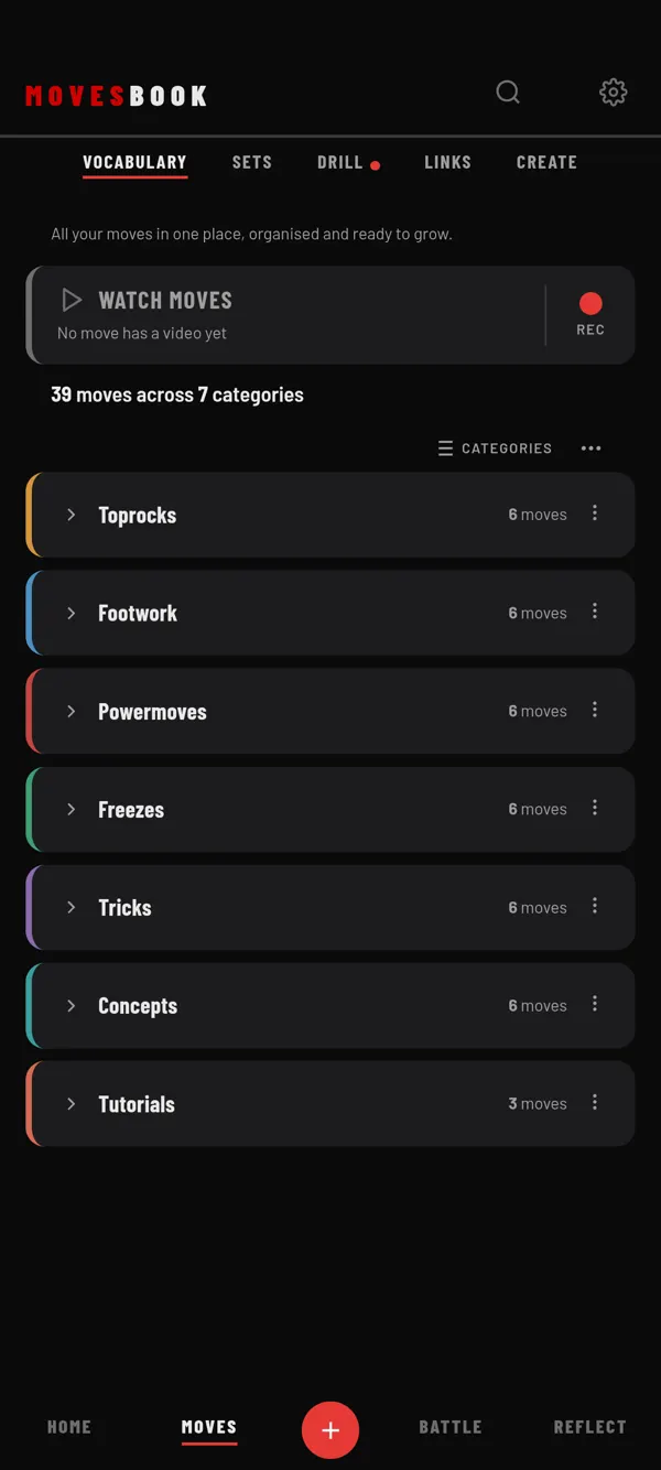 MovesBook open on the MOVES tab, where it starts by default