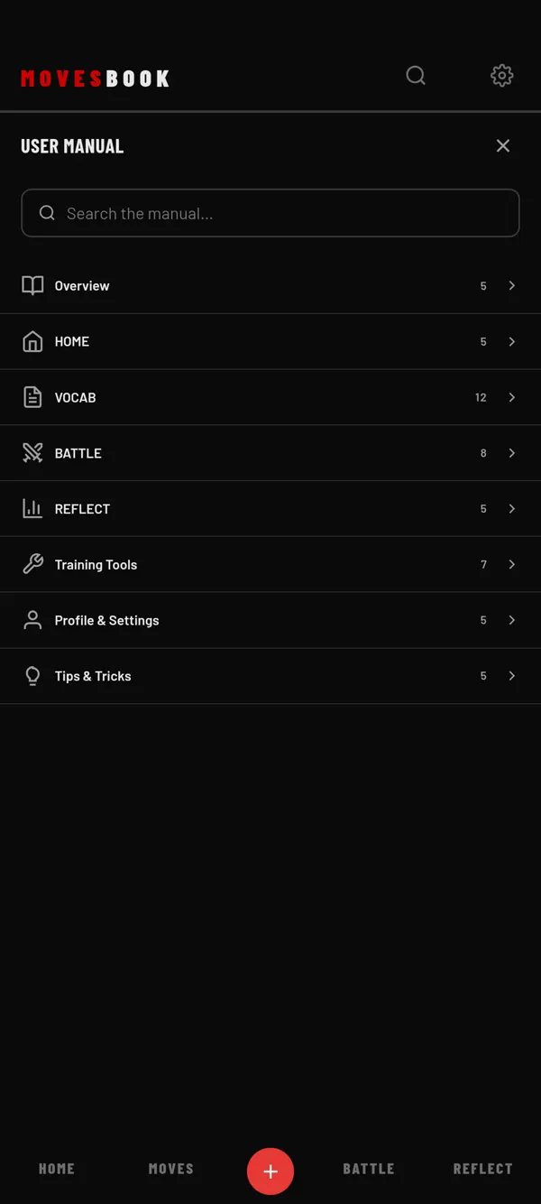 The USER MANUAL in Settings: search it, or open a section