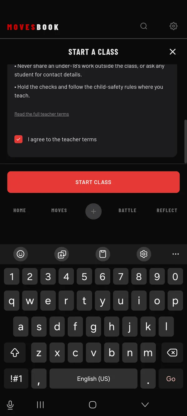 Start a class: tick I agree to the teacher terms, then START CLASS