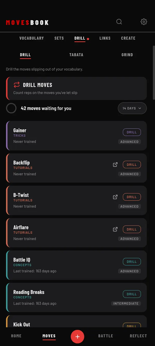 MOVES › DRILL: the moves you haven't trained in 14 days, each with a DRILL button