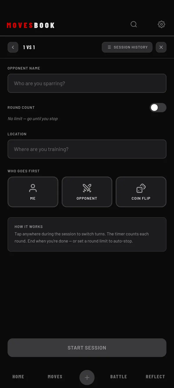 The 1 VS 1 setup: opponent name, round count, location and who goes first, then START SESSION