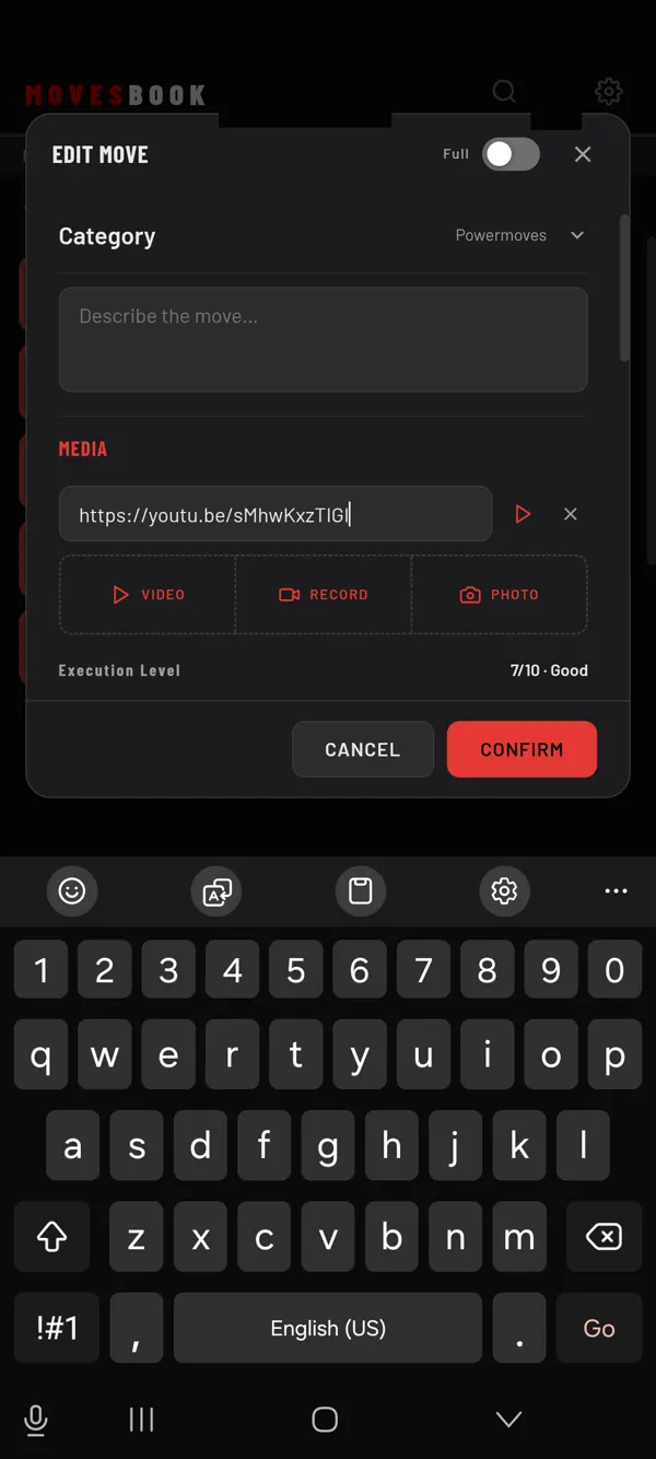 A YouTube link in a move's MEDIA section. Tap ▶ to play it inside the app.
