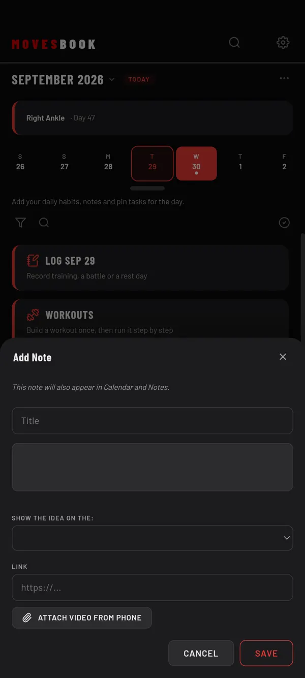 Add Note: a title, the note, the day to show it on and an optional link or video