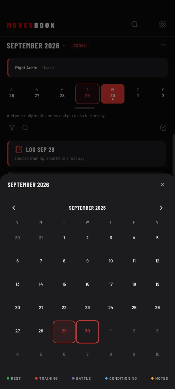 Tap the month name on HOME to open the month calendar and jump to any day