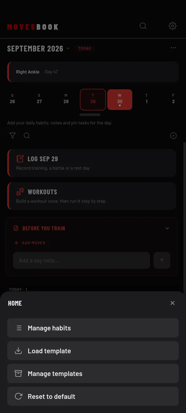 The HOME menu (⋯ next to the month): Load template and Manage templates