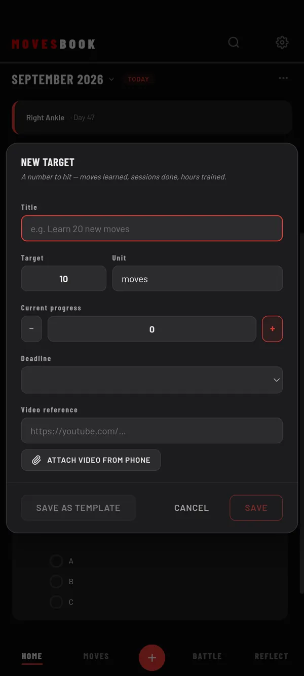 NEW TARGET: a title, the number to reach and its unit, your progress so far and a deadline