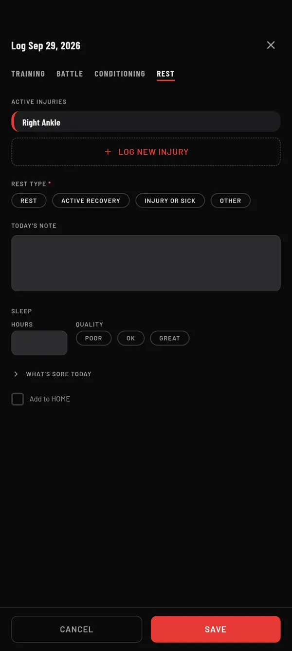 Log Today › REST: your active injuries at the top and + LOG NEW INJURY