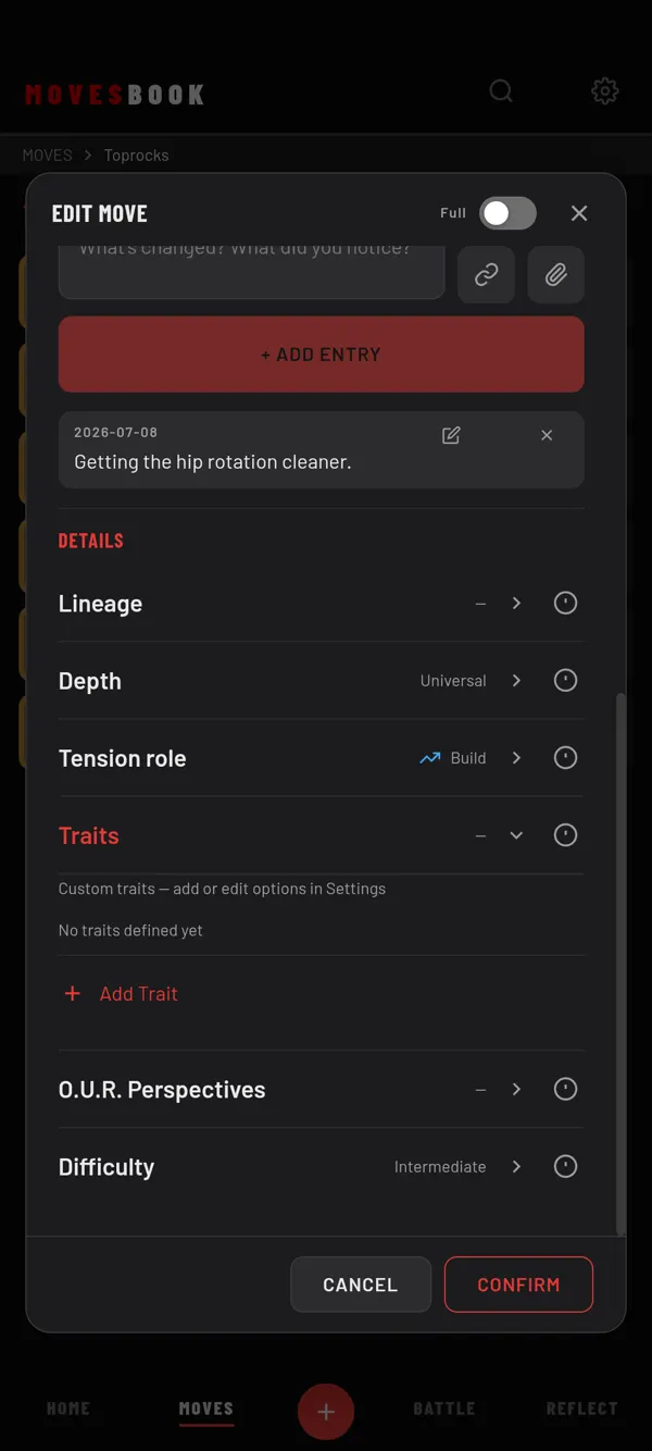 The Traits row open in the move form, with Add Trait and a link to edit traits in Settings