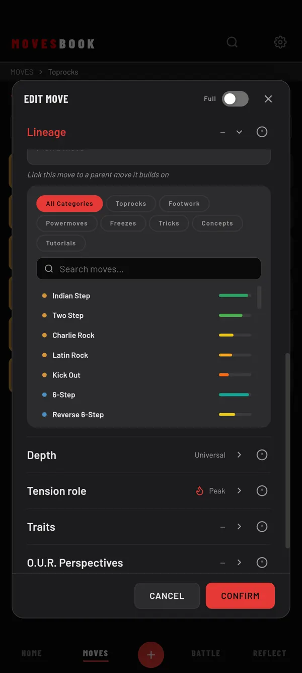 The Lineage row open in the move form, with category chips, a search box and your moves to pick the parent from