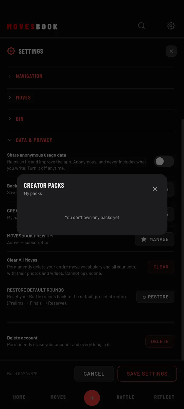 The My packs sheet in Settings › DATA & PRIVACY › CREATOR PACKS
