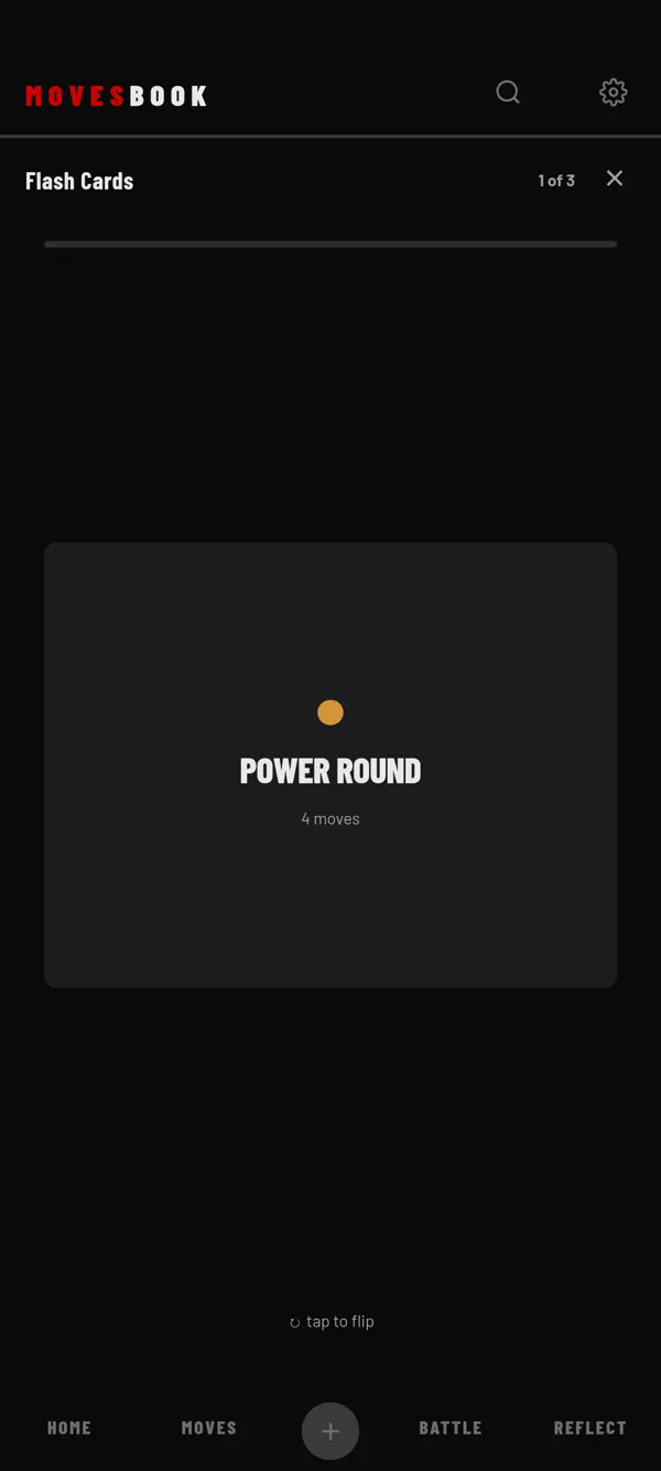 A Flash Cards round: the set's name on the card, 1 of 3 at the top. Tap the card to flip it.