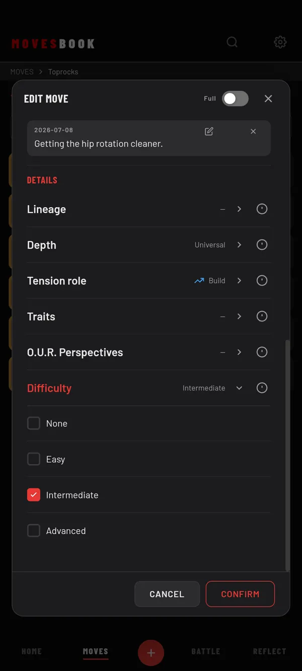 The Difficulty row open in the move form, with None, Easy, Intermediate and Advanced