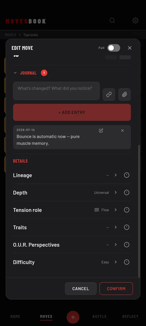 The JOURNAL section of a move: type what changed, tap + ADD ENTRY, and older entries show below with their date